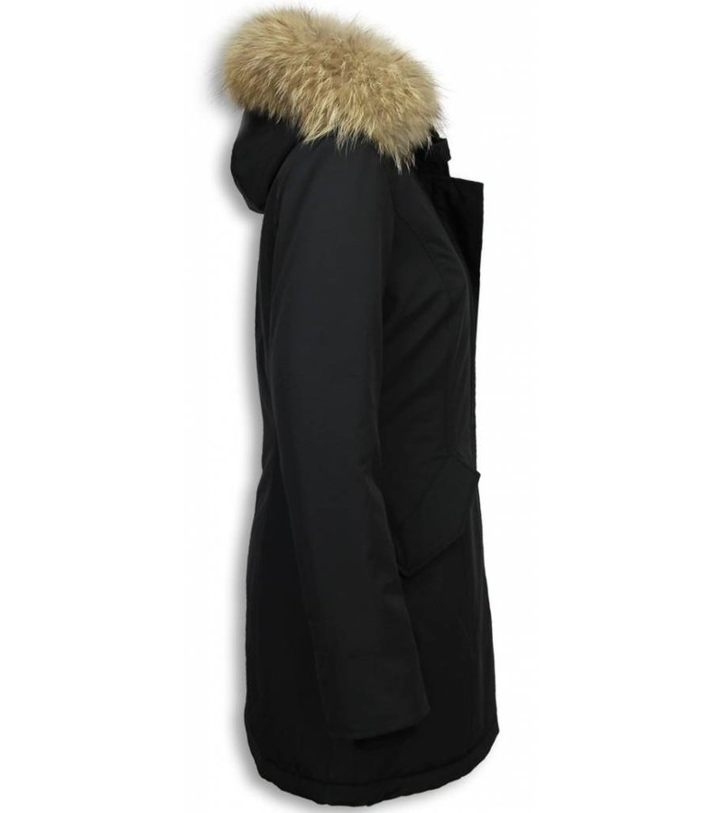 Gentile Bellini Fur Collar Coat - Women's Winter Coat Wooly Long - Large Fur Collar - Black -