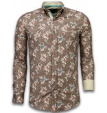 Gentile Bellini Italian Shirts - Slim Fit Long Sleeve Shirt - Woven Flowers Pattern - Brown