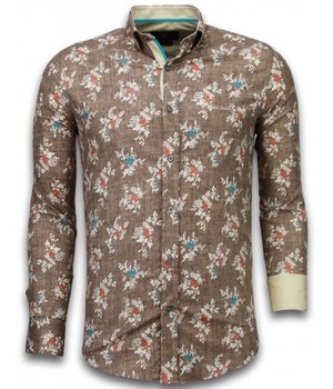 Gentile Bellini Italian Shirts - Slim Fit Long Sleeve Shirt - Woven Flowers Pattern - Brown