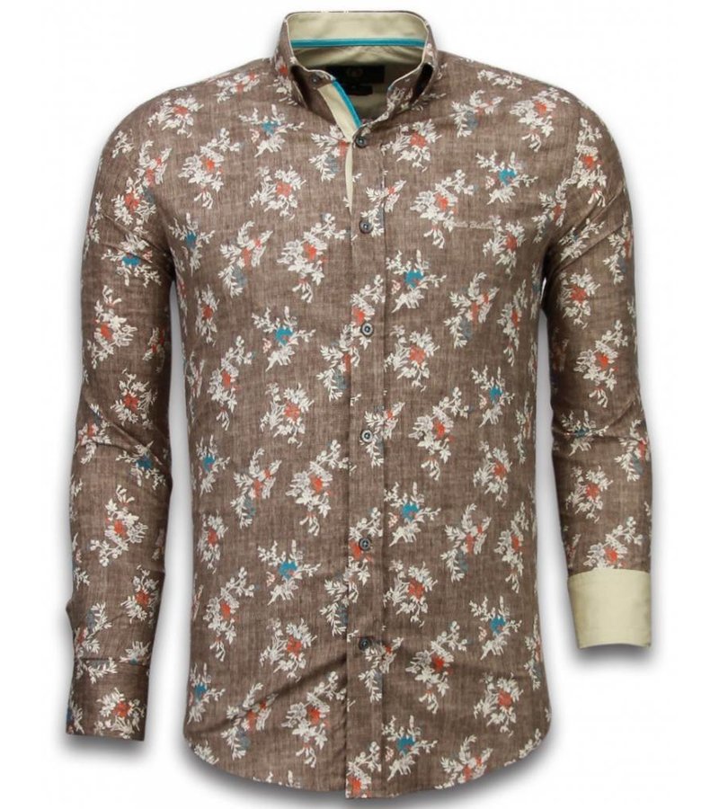 Gentile Bellini Italian Shirts - Slim Fit Long Sleeve Shirt - Woven Flowers Pattern - Brown