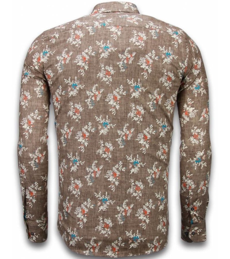 Gentile Bellini Italian Shirts - Slim Fit Long Sleeve Shirt - Woven Flowers Pattern - Brown