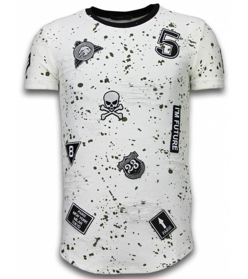 John H Paint Drops Army Shirt - Long Fit T-shirt Green Dotted - White