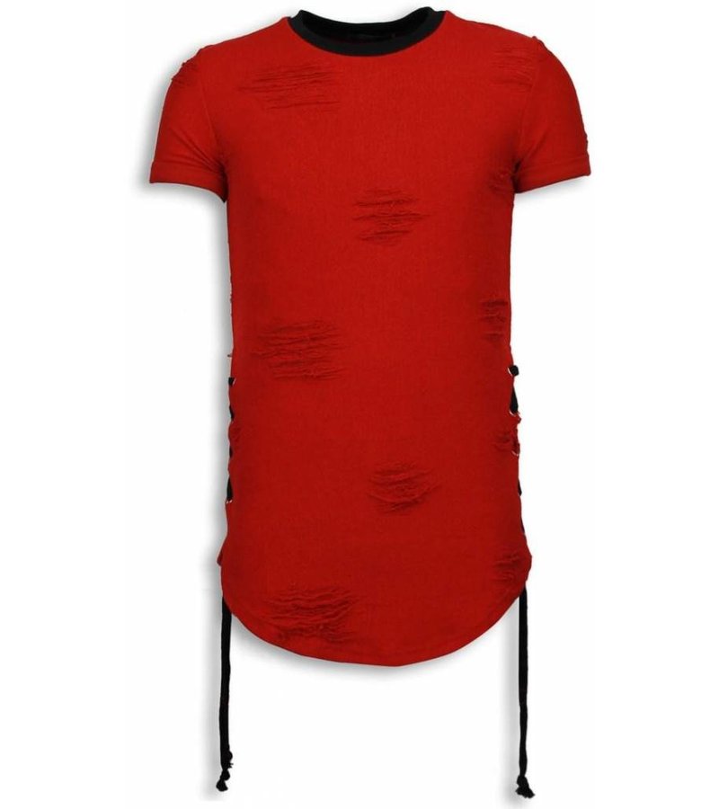 John H Destroyed Look T-Shirt - Ribbon Long Fit Sweater - Red
