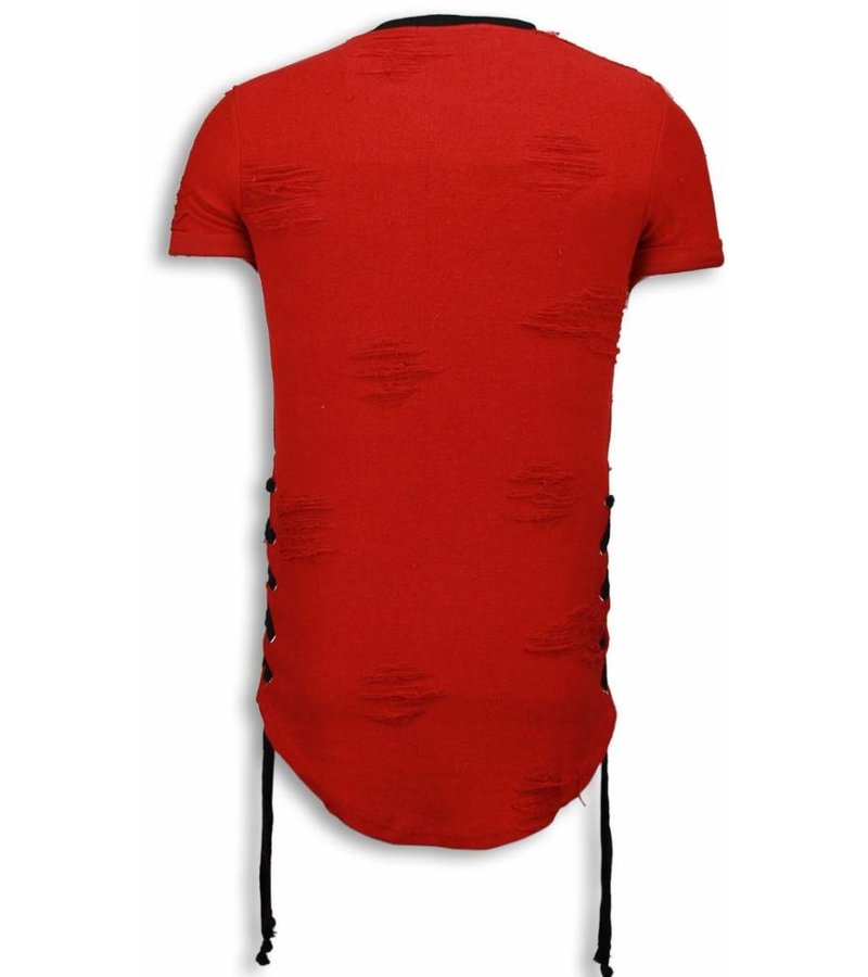 John H Destroyed Look T-Shirt - Ribbon Long Fit Sweater - Red