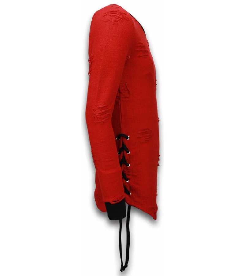 John H Destroyed Look Trui Side Laces Long Fit Sweater Red Styleitaly.eu