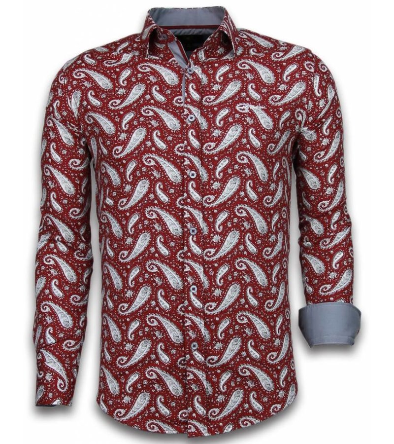 Gentile Bellini Italian Shirts - Slim Fit Long Sleeve Shirt - Flower Pattern - Burgundy