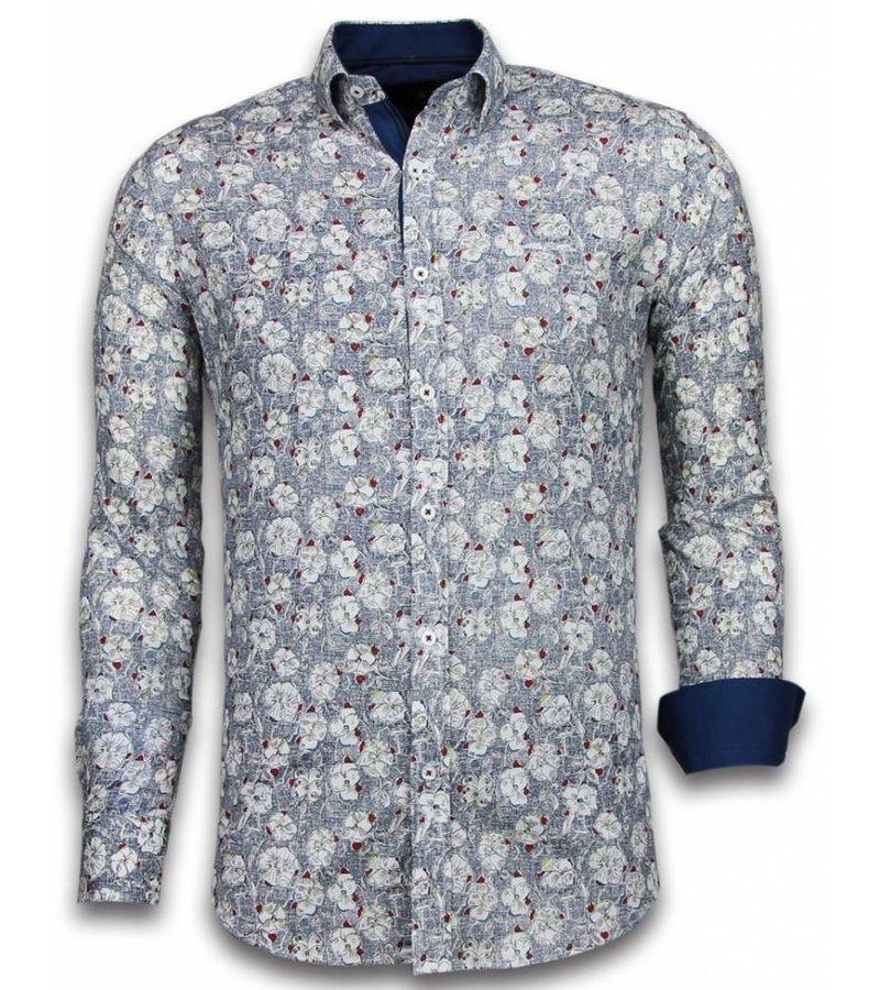 Gentile Bellini Italian Shirts - Slim Fit Long Sleeve Shirt - Drawn Flower Pattern - Blue