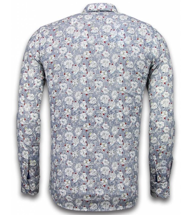 Gentile Bellini Italian Shirts - Slim Fit Long Sleeve Shirt - Drawn Flower Pattern - Blue