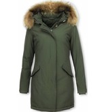 TheBrand Fur Collar Coat - Women's Winter Coat Long - Parka Stitch Pocket -  Khaki
