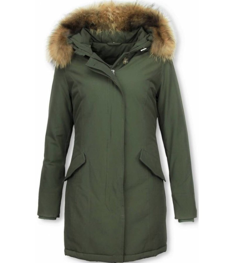 TheBrand Fur Collar Coat - Women's Winter Coat Long - Parka Stitch Pocket -  Khaki