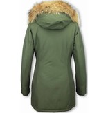 TheBrand Fur Collar Coat - Women's Winter Coat Long - Parka Stitch Pocket -  Khaki