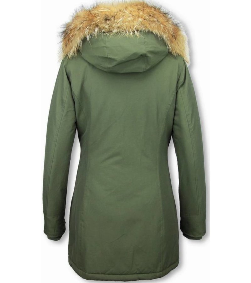 TheBrand Fur Collar Coat - Women's Winter Coat Long - Parka Stitch Pocket -  Khaki