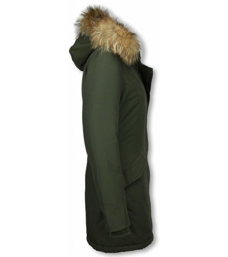 TheBrand Fur Collar Coat - Women's Winter Coat Long - Parka Stitch Pocket -  Khaki