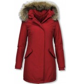 TheBrand Fur Collar Coat - Women's Winter Coat Long - Parka Stitch Pocket- Red