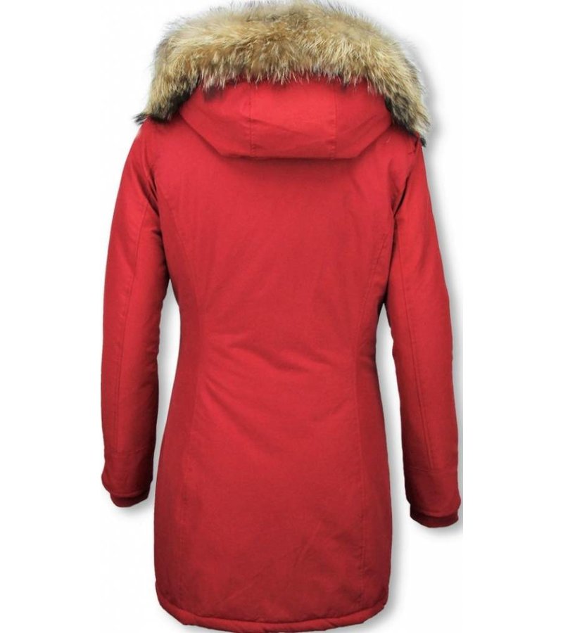 TheBrand Fur Collar Coat - Women's Winter Coat Long - Parka Stitch Pocket- Red