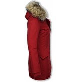 TheBrand Fur Collar Coat - Women's Winter Coat Long - Parka Stitch Pocket- Red