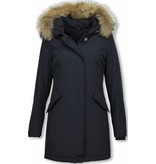 TheBrand Fur Collar Coat - Women's Winter Coat Long - Parka Stitch Pocket- Blue