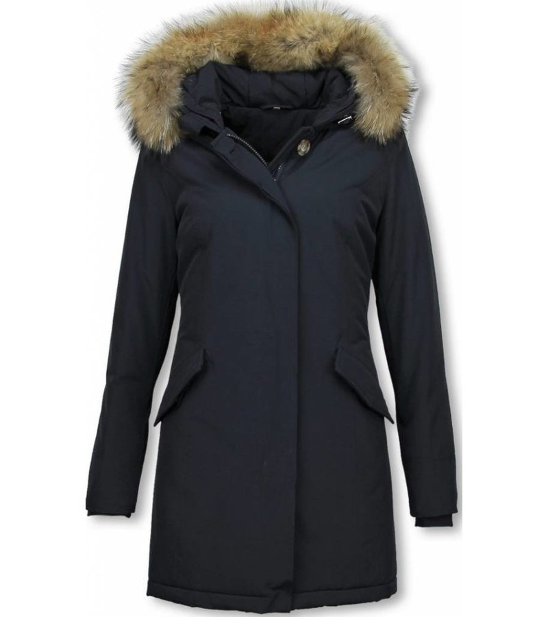 TheBrand Fur Collar Coat - Women's Winter Coat Long - Parka Stitch Pocket- Blue