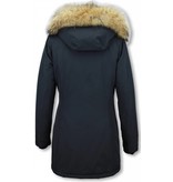 TheBrand Fur Collar Coat - Women's Winter Coat Long - Parka Stitch Pocket- Blue