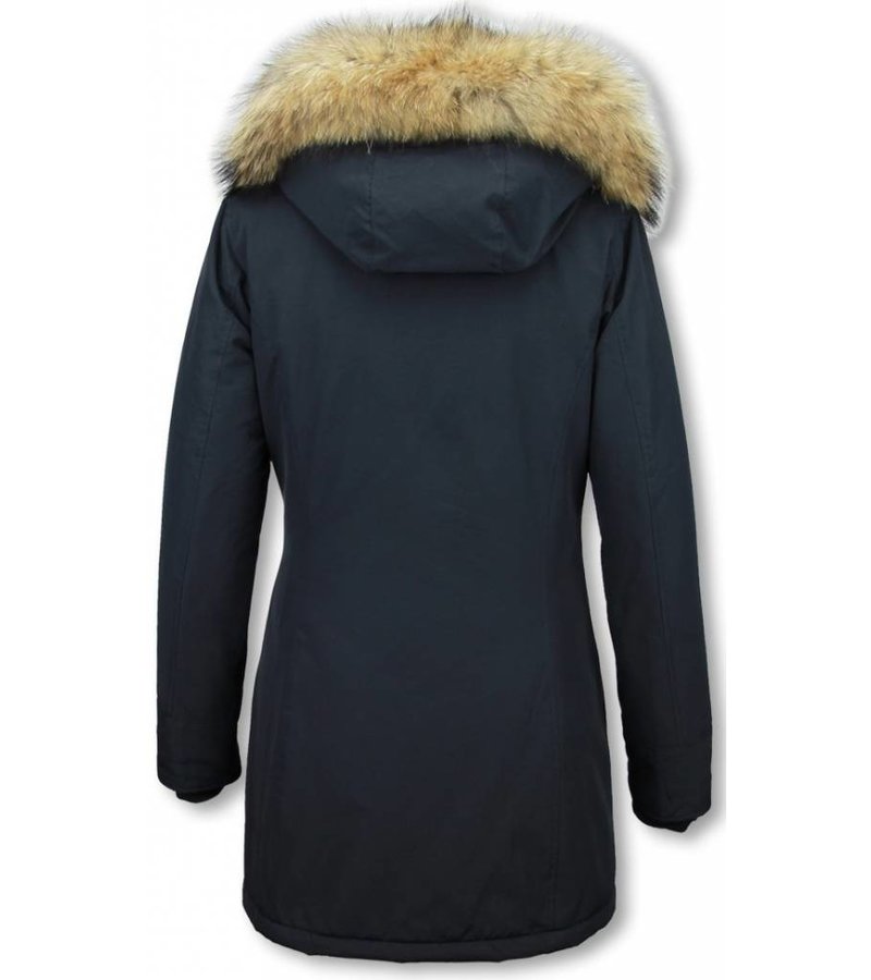 TheBrand Fur Collar Coat - Women's Winter Coat Long - Parka Stitch Pocket- Blue