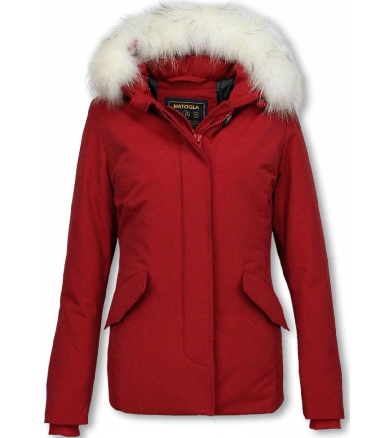 Matogla Fur Collar Coat - Women's Winter Coat Long - Large Fur Collar - Red