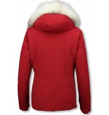 Matogla Fur Collar Coat - Women's Winter Coat Long - Large Fur Collar - Red