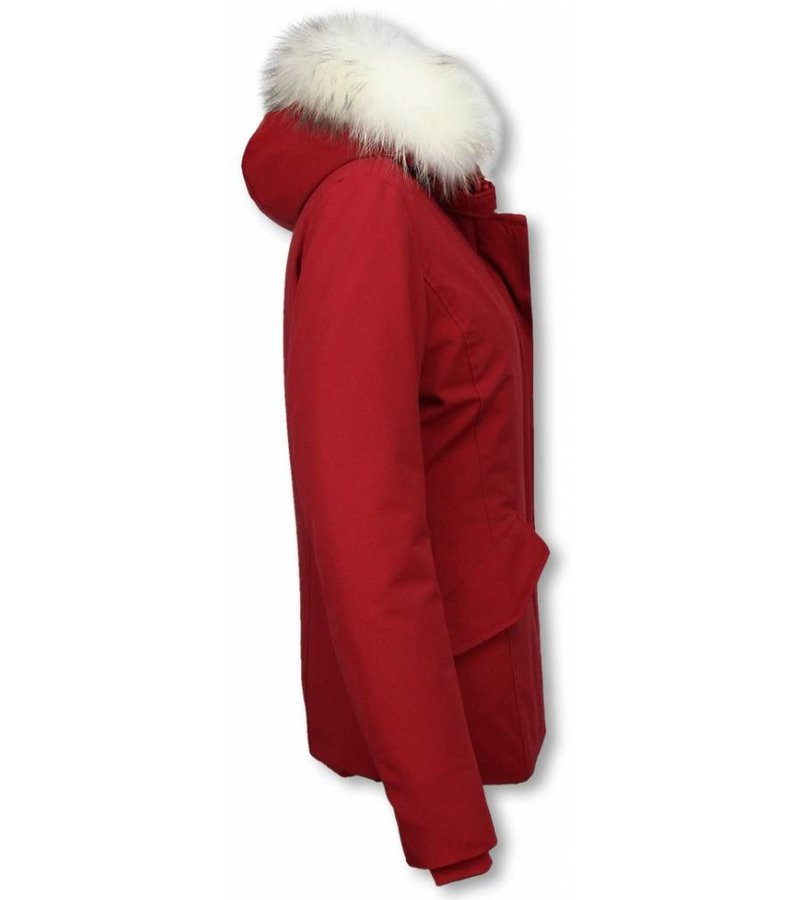 Matogla Fur Collar Coat - Women's Winter Coat Long - Large Fur Collar - Red