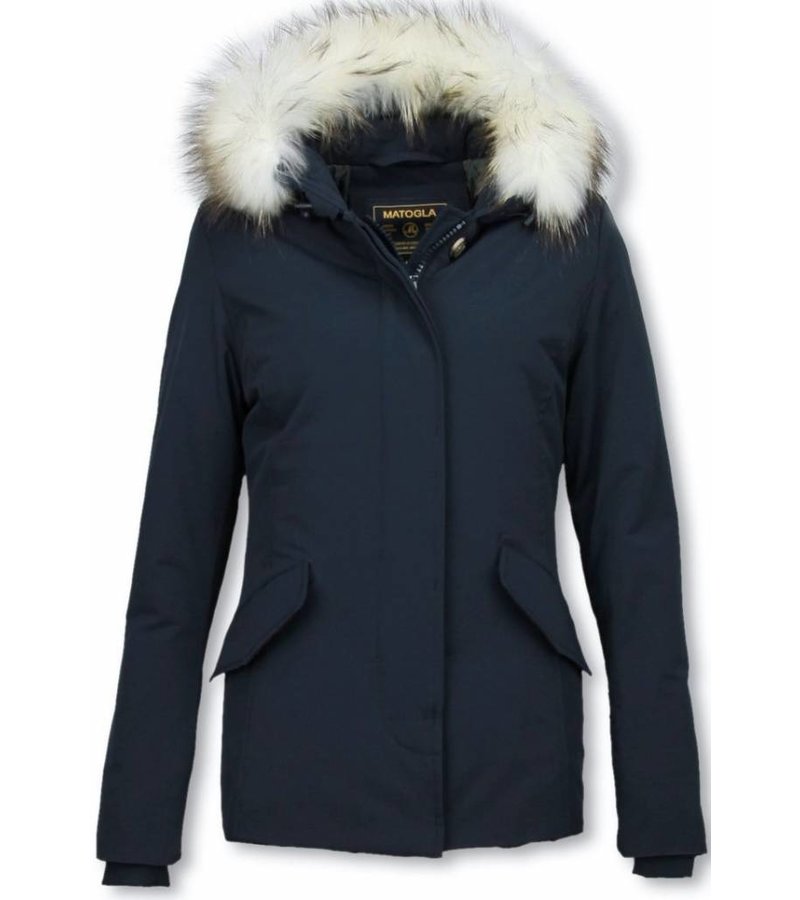 Matogla Fur Collar Coat - Women's Winter Coat Long - Large Fur Collar - Blue