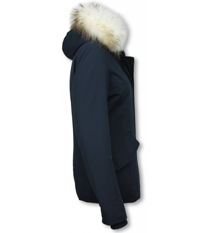 Matogla Fur Collar Coat - Women's Winter Coat Long - Large Fur Collar - Blue