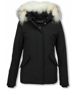 Matogla Fur Collar Coat - Women's Winter Coat Long - Large Fur Collar - Black