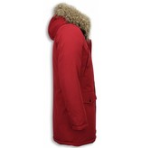 Daniele Volpe Fur Collar Coat - Men Winter Coat Long - XL Fur Collar - Parka - Burgundy