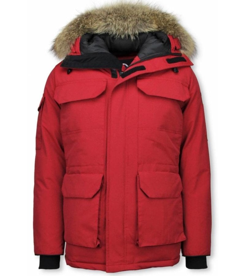 Beluomo Fur Collar Coat - Men Winter Coat Long - Expedition Parka - Red