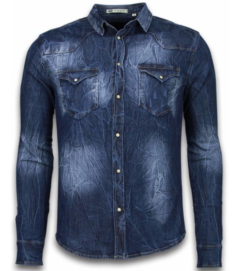 Enos Denim Shirts - Slim Fit Long Sleeve Shirt - Vintage Washed - Blue