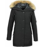 TheBrand Fur Collar Coat - Women's Winter Coat Long - Parka Stitch Bag - Black