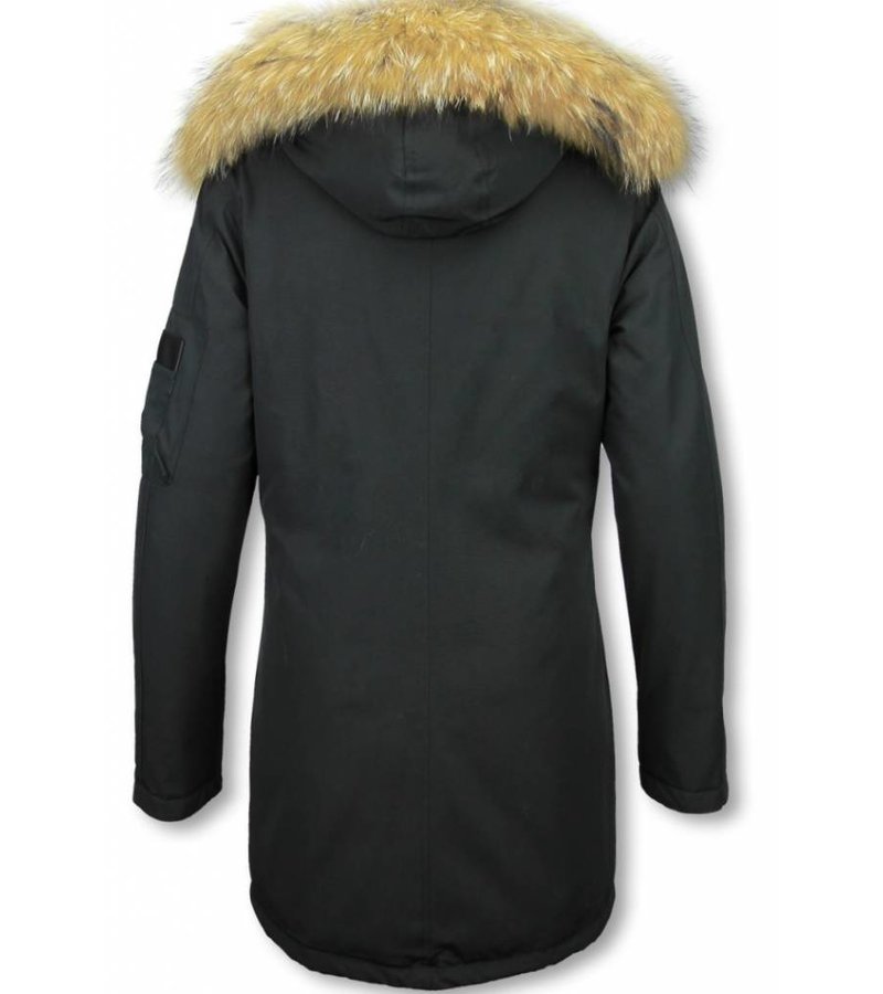 TheBrand Fur Collar Coat - Women's Winter Coat Long - Parka Stitch Bag - Black