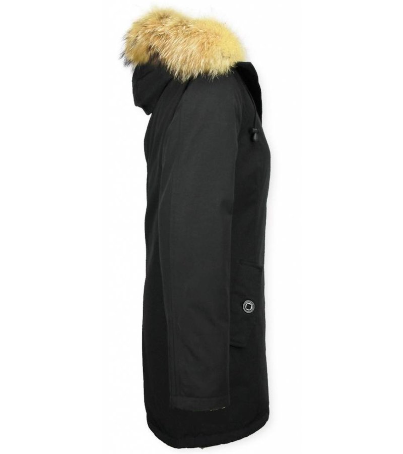 TheBrand Fur Collar Coat - Women's Winter Coat Long - Parka Stitch Bag - Black