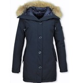 TheBrand Fur Collar Coat - Women's Winter Coat Long - Parka Stitch Bag - Blue