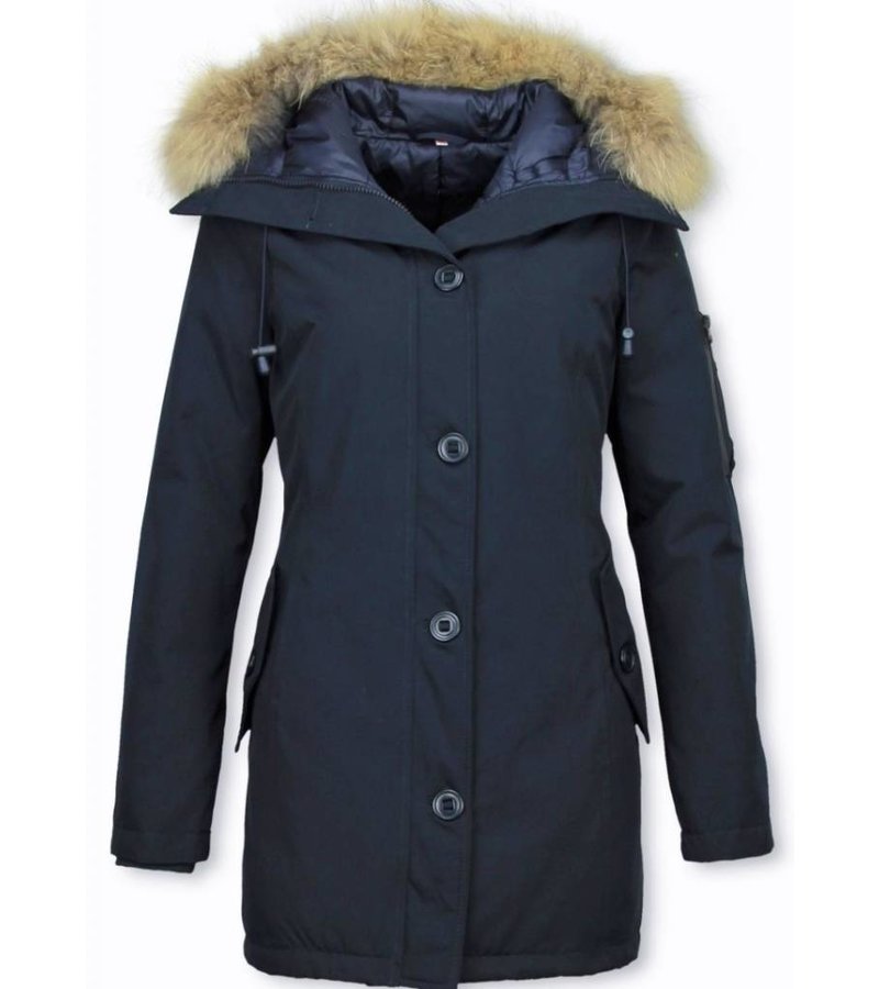 TheBrand Fur Collar Coat - Women's Winter Coat Long - Parka Stitch Bag - Blue