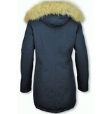 TheBrand Fur Collar Coat - Women's Winter Coat Long - Parka Stitch Bag - Blue