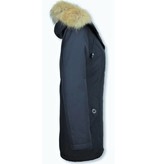 TheBrand Fur Collar Coat - Women's Winter Coat Long - Parka Stitch Bag - Blue