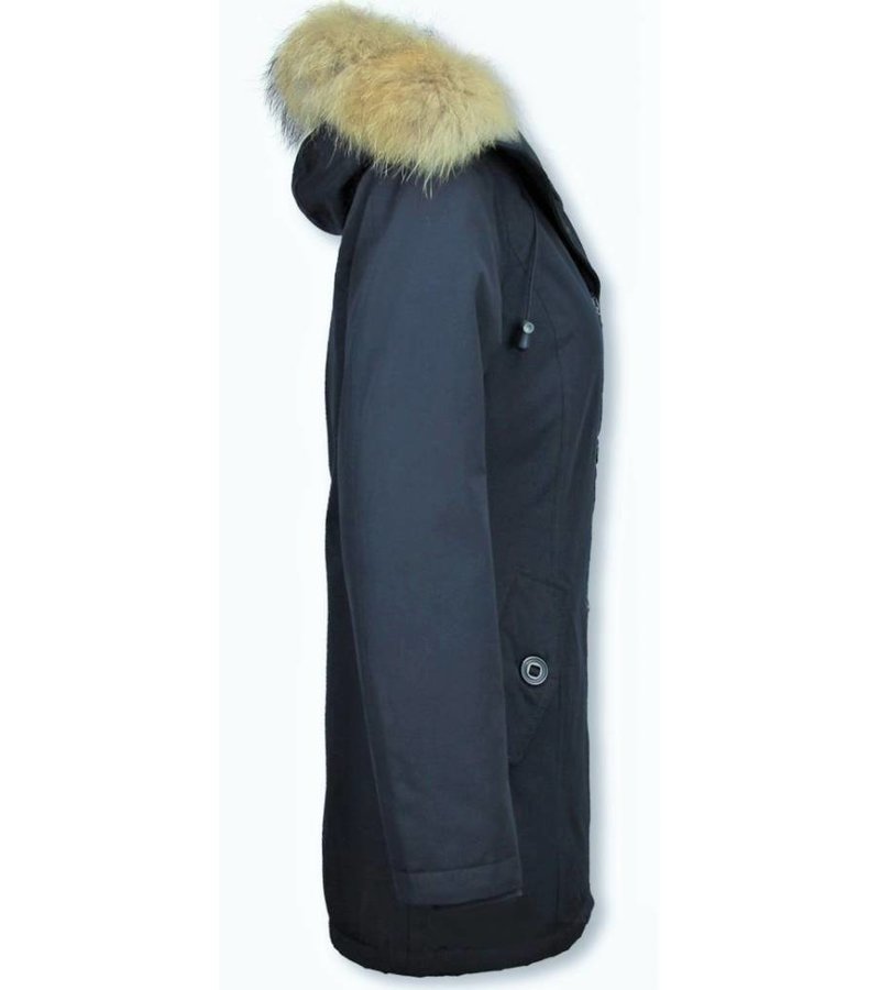 TheBrand Fur Collar Coat - Women's Winter Coat Long - Parka Stitch Bag - Blue