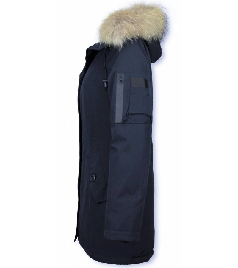 TheBrand Fur Collar Coat - Women's Winter Coat Long - Parka Stitch Bag - Blue