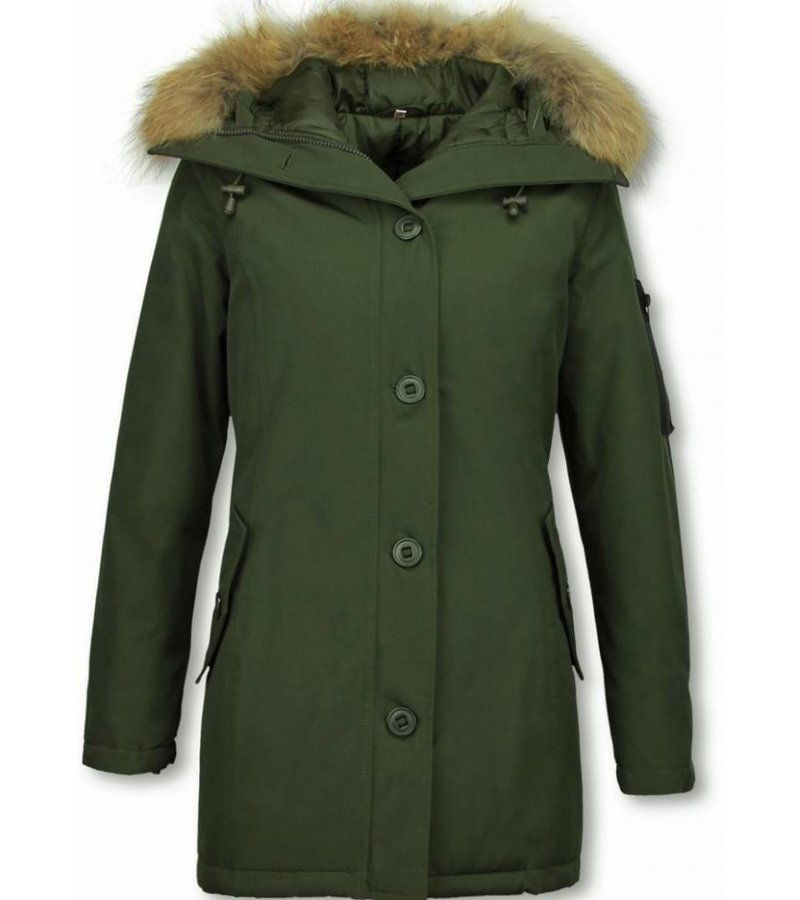 TheBrand Fur Collar Coat - Women's Winter Coat Long - Parka Stitch Bag - Green