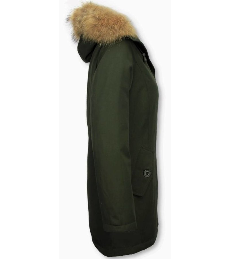 TheBrand Fur Collar Coat - Women's Winter Coat Long - Parka Stitch Bag - Green