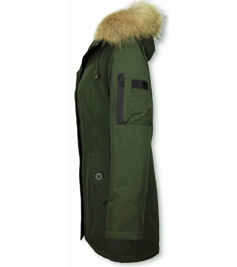 TheBrand Fur Collar Coat - Women's Winter Coat Long - Parka Stitch Bag - Green