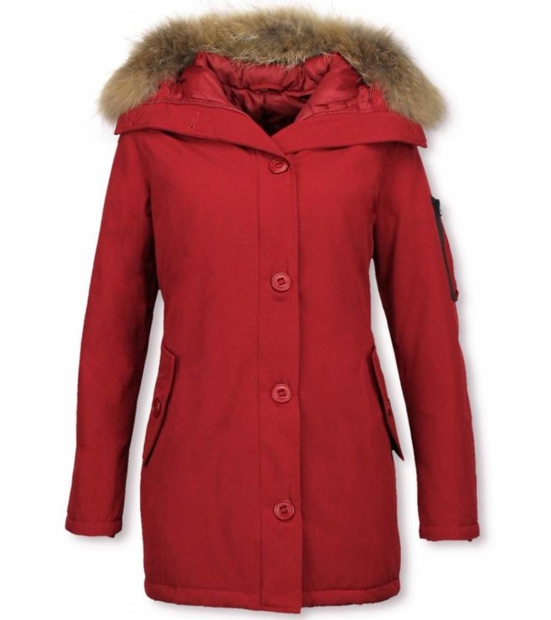 TheBrand Fur Collar Coat - Women's Winter Coat Long - Parka Stitch Bag - Red