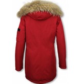 TheBrand Fur Collar Coat - Women's Winter Coat Long - Parka Stitch Bag - Red