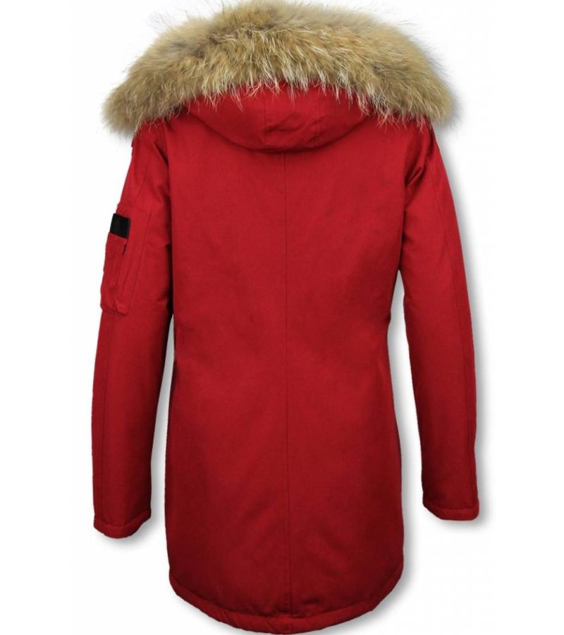 TheBrand Fur Collar Coat - Women's Winter Coat Long - Parka Stitch Bag - Red