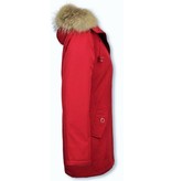 TheBrand Fur Collar Coat - Women's Winter Coat Long - Parka Stitch Bag - Red