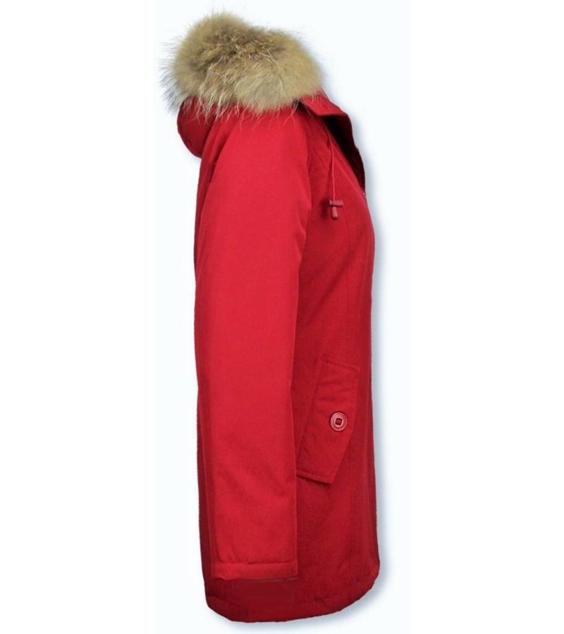 TheBrand Fur Collar Coat - Women's Winter Coat Long - Parka Stitch Bag - Red